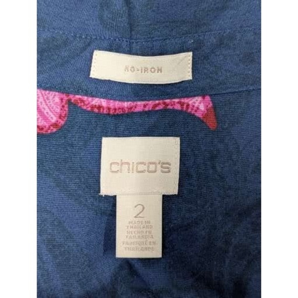 Chico's Sz 2 Blue/Multicolor 3/4 Sleeve Collared Button Down Shirt Women No Iron - Picture 5 of 5